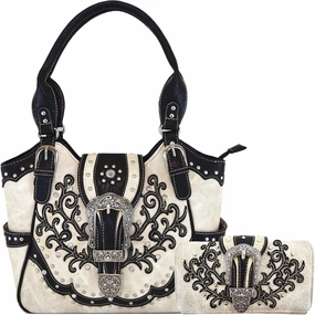 Western Style Tooled Leather Buckle Concealed Carry Purse Country Handbag Women Shoulder Bag Wallet Set