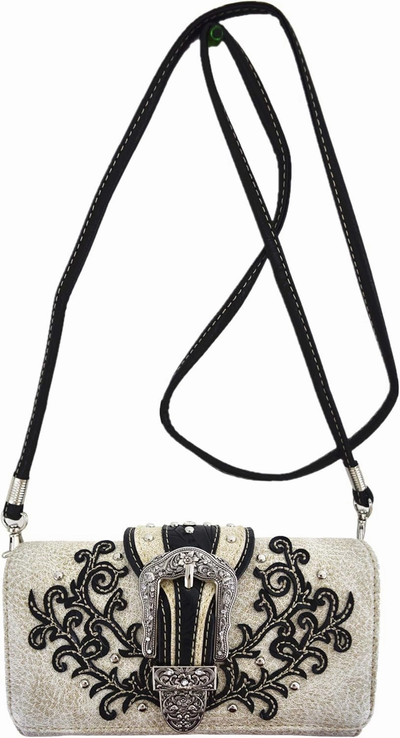 Western Style Tooled Leather Buckle Concealed Carry Purse Country Handbag Women Shoulder Bag Wallet Set