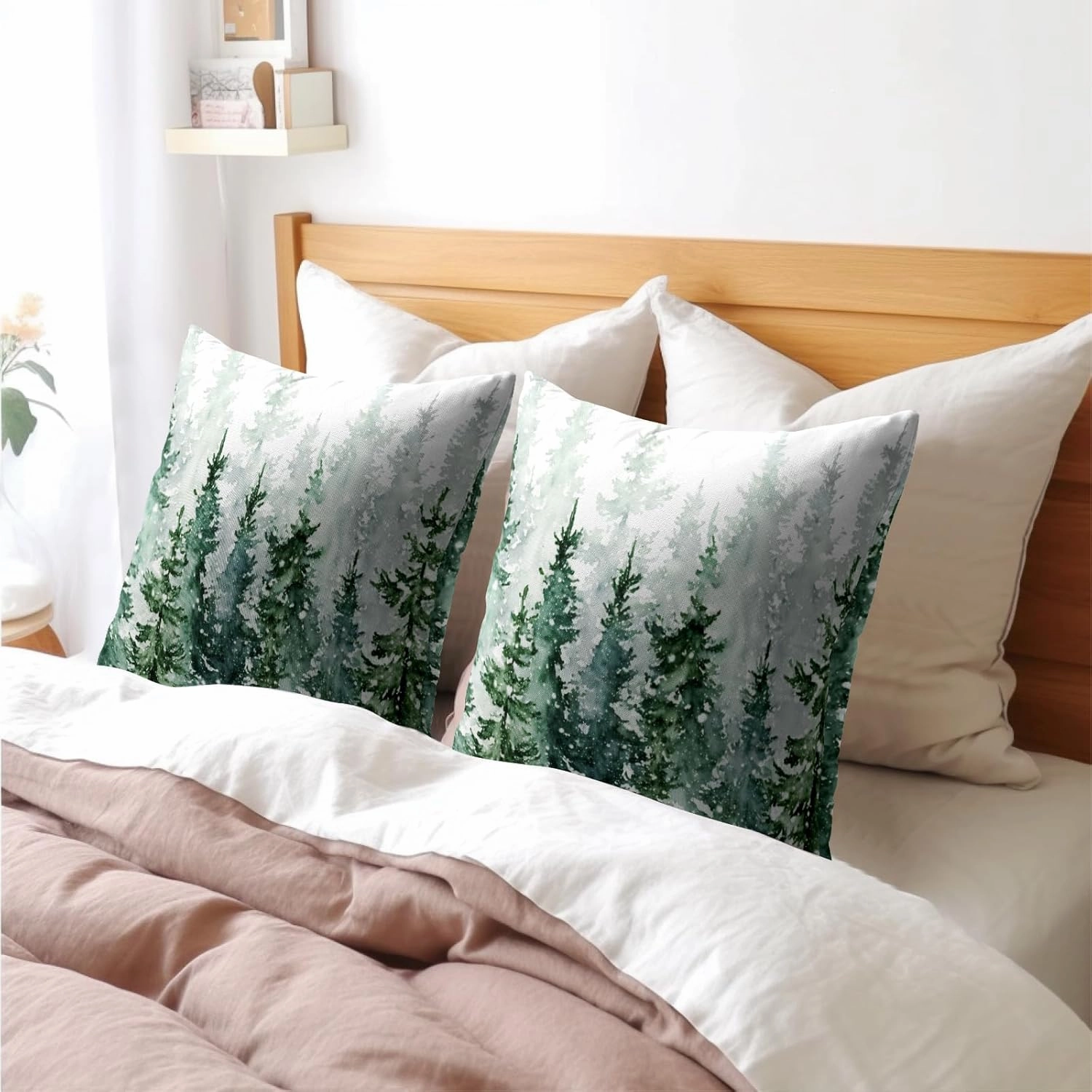 Winter Forest Pillow Covers 18x18 Inch 2Pcs Watercolor Green Misty Pine Tree Nature Landscape Throw Pillows Cover Mountain Square Cushion Cover for Home Sofa Patio Living Room