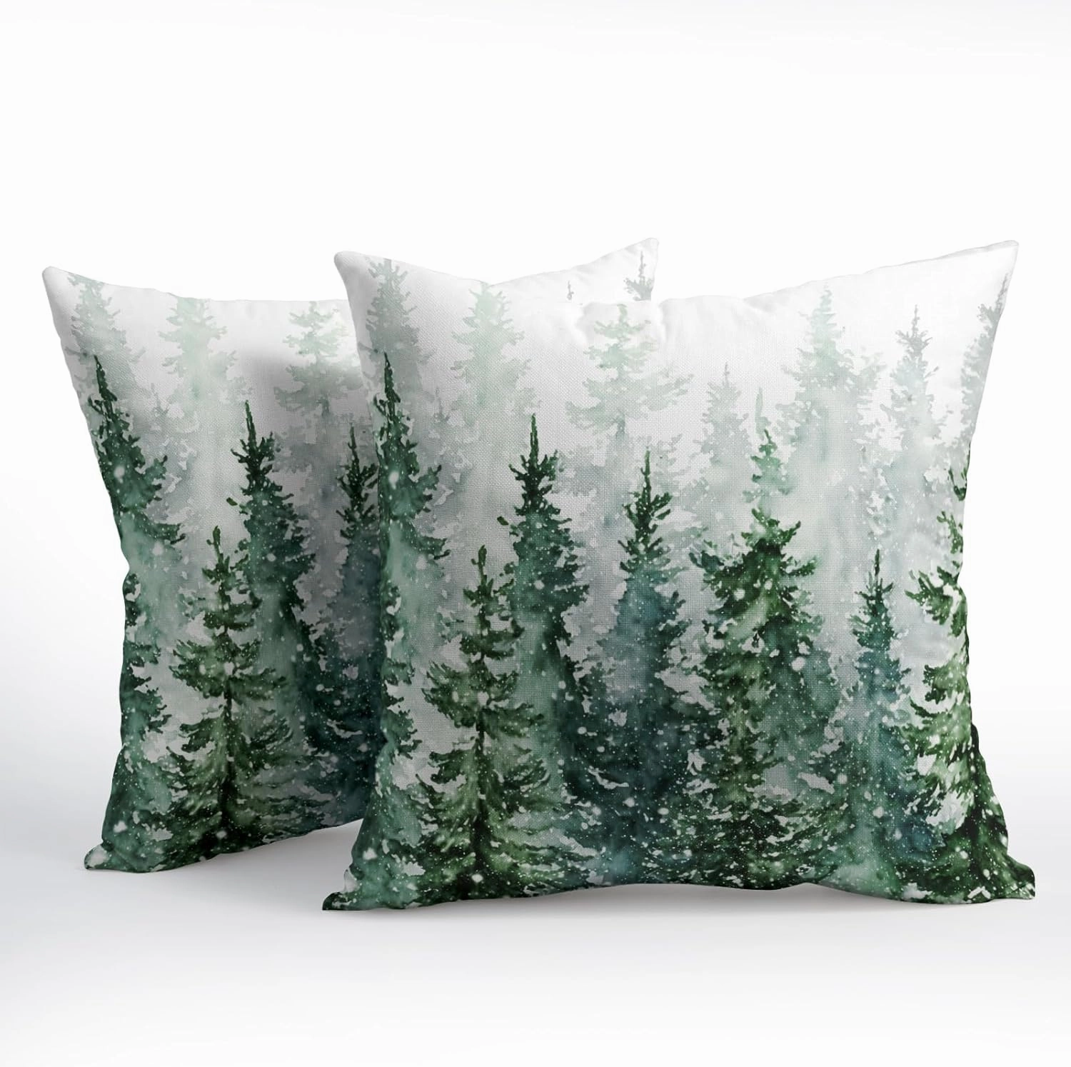Winter Forest Pillow Covers 18x18 Inch 2Pcs Watercolor Green Misty Pine Tree Nature Landscape Throw Pillows Cover Mountain Square Cushion Cover for Home Sofa Patio Living Room