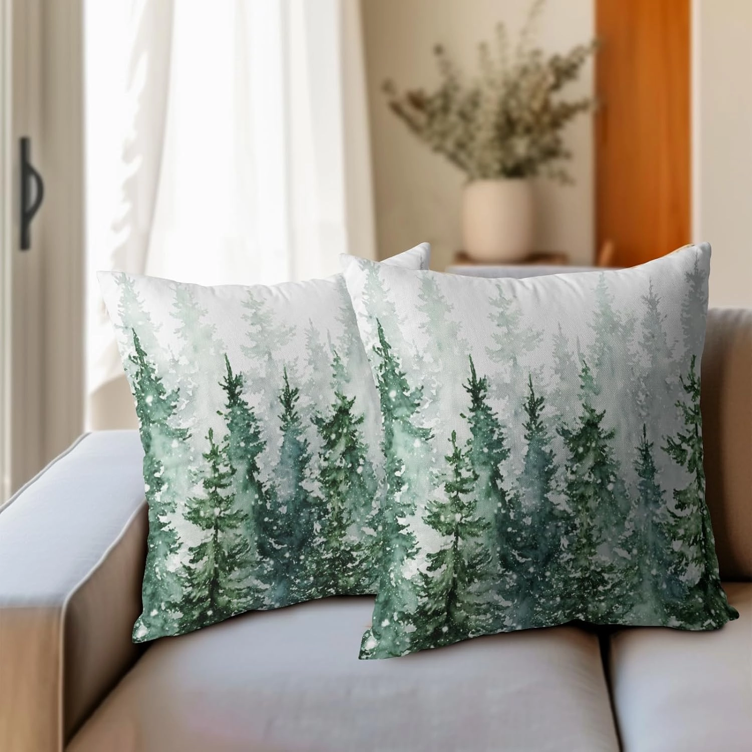 Winter Forest Pillow Covers 18x18 Inch 2Pcs Watercolor Green Misty Pine Tree Nature Landscape Throw Pillows Cover Mountain Square Cushion Cover for Home Sofa Patio Living Room