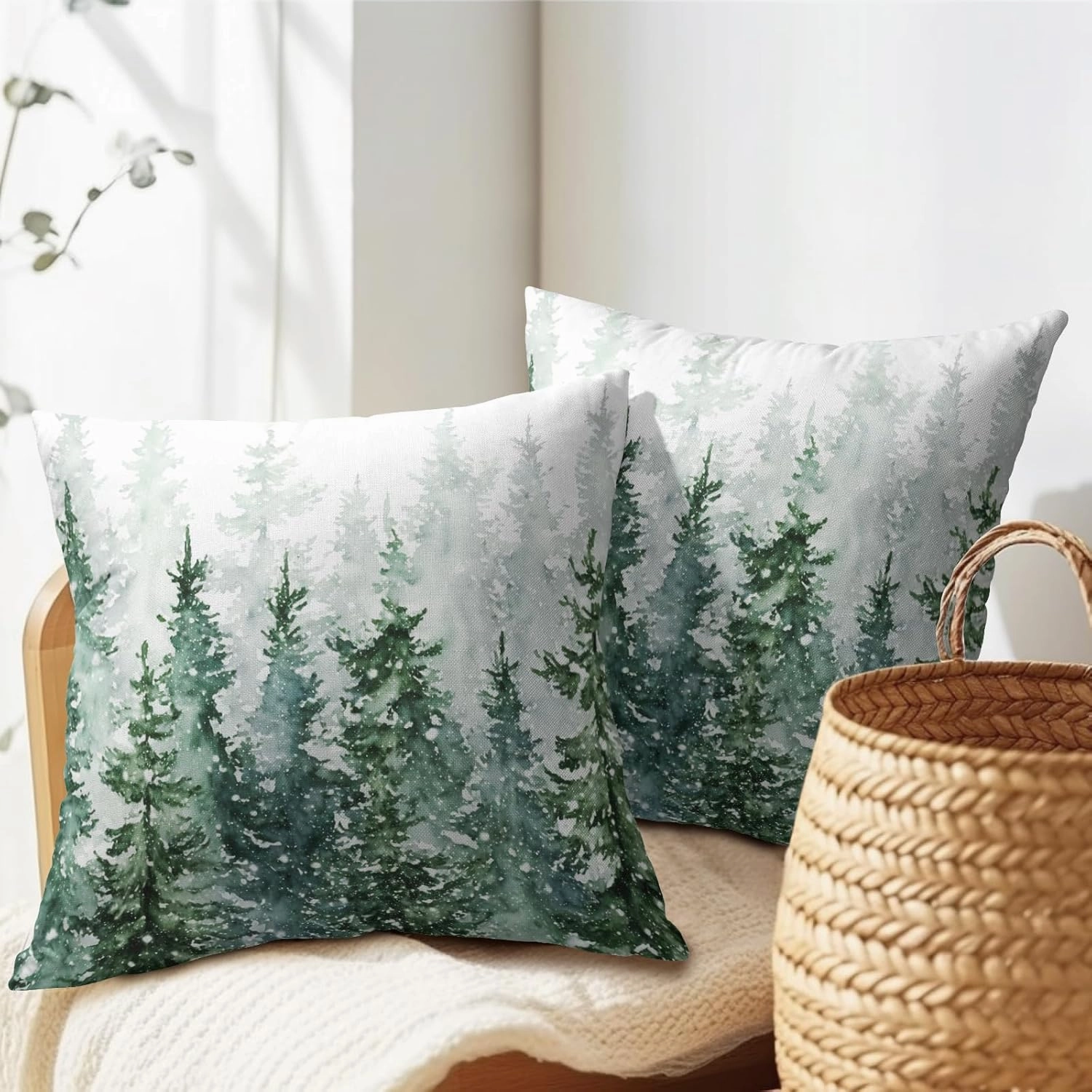 Winter Forest Pillow Covers 18x18 Inch 2Pcs Watercolor Green Misty Pine Tree Nature Landscape Throw Pillows Cover Mountain Square Cushion Cover for Home Sofa Patio Living Room