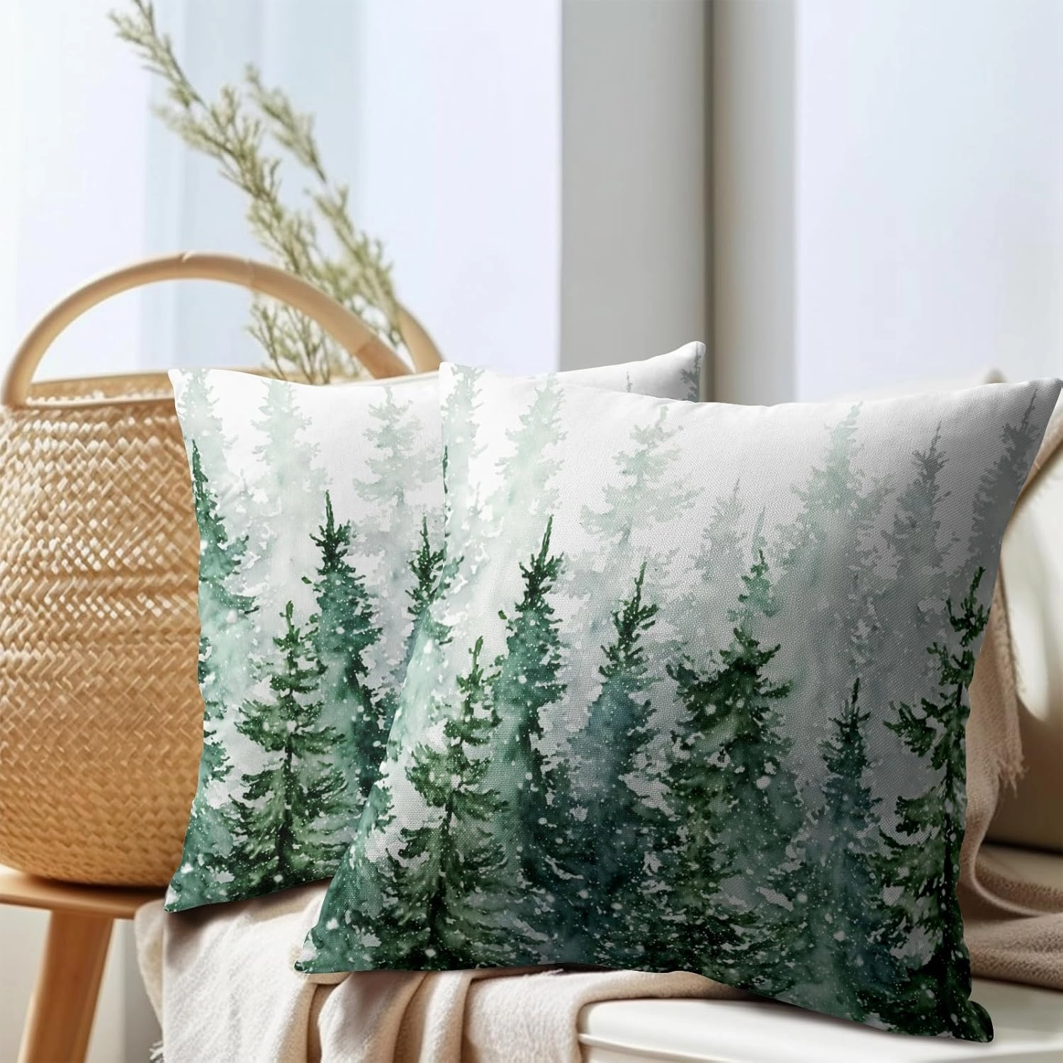 Winter Forest Pillow Covers 18x18 Inch 2Pcs Watercolor Green Misty Pine Tree Nature Landscape Throw Pillows Cover Mountain Square Cushion Cover for Home Sofa Patio Living Room