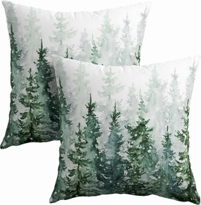 Winter Forest Pillow Covers 18x18 Inch 2Pcs Watercolor Green Misty Pine Tree Nature Landscape Throw Pillows Cover Mountain Square Cushion Cover for Home Sofa Patio Living Room