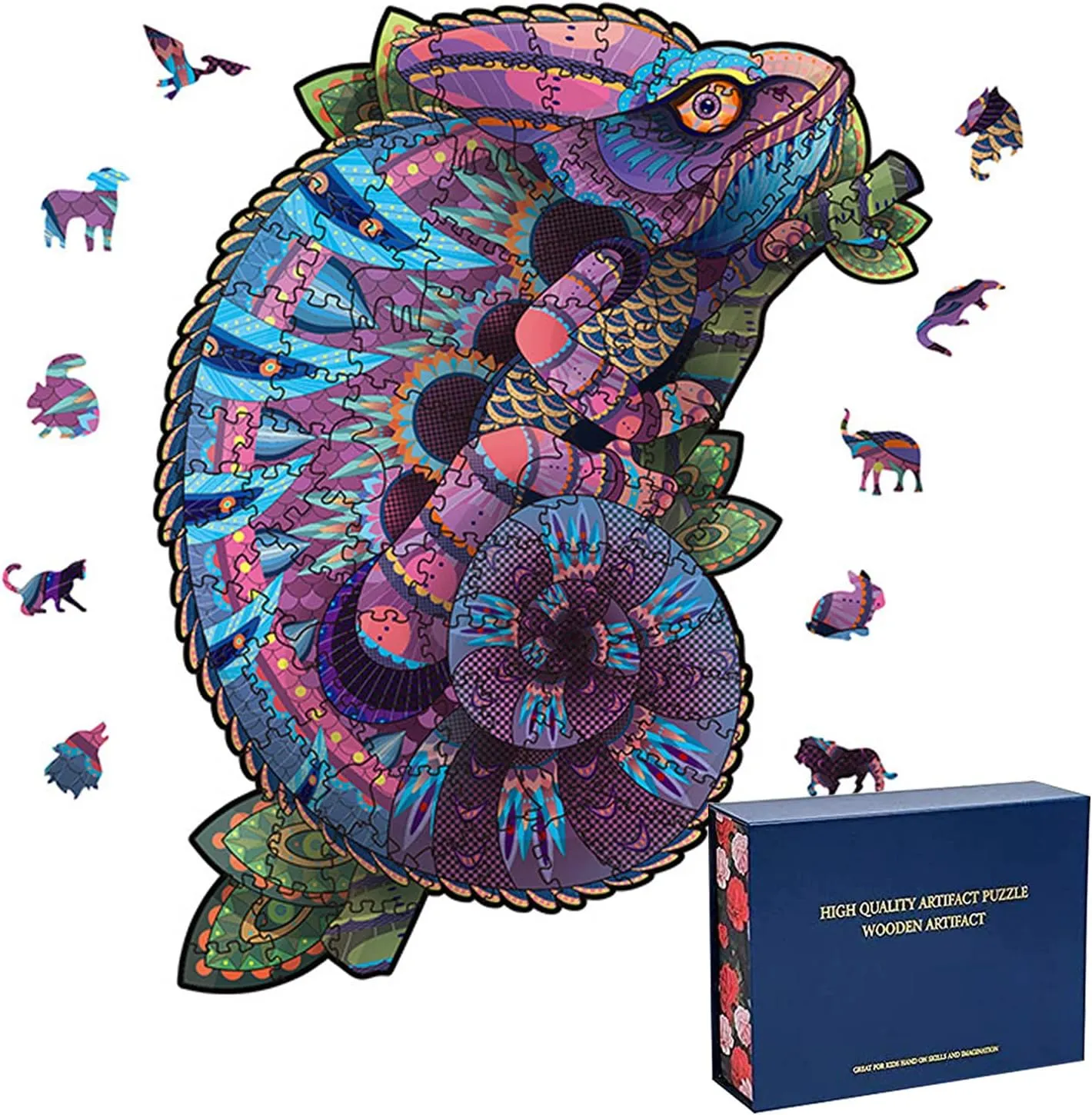Wood Cut Puzzles, Wooden Jigsaw Puzzles, Animals Shaped Unique Wooden Puzzles for Adults and Kids, Cool Gadgets Magic Liberty Puzzles, Blue Purple Chameleon (Large 300 pcs)