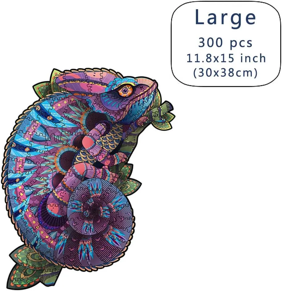 Wood Cut Puzzles, Wooden Jigsaw Puzzles, Animals Shaped Unique Wooden Puzzles for Adults and Kids, Cool Gadgets Magic Liberty Puzzles, Blue Purple Chameleon (Large 300 pcs)