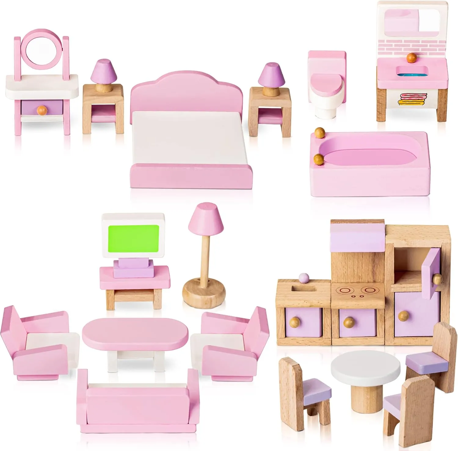 Wooden Dollhouse Furniture Set, 22 Pcs Miniature Dollhouse Accessories Including 5 Room Kits, Little People House Furniture, Doll House Furniture Toys Gift for Girls Boys Age 3 