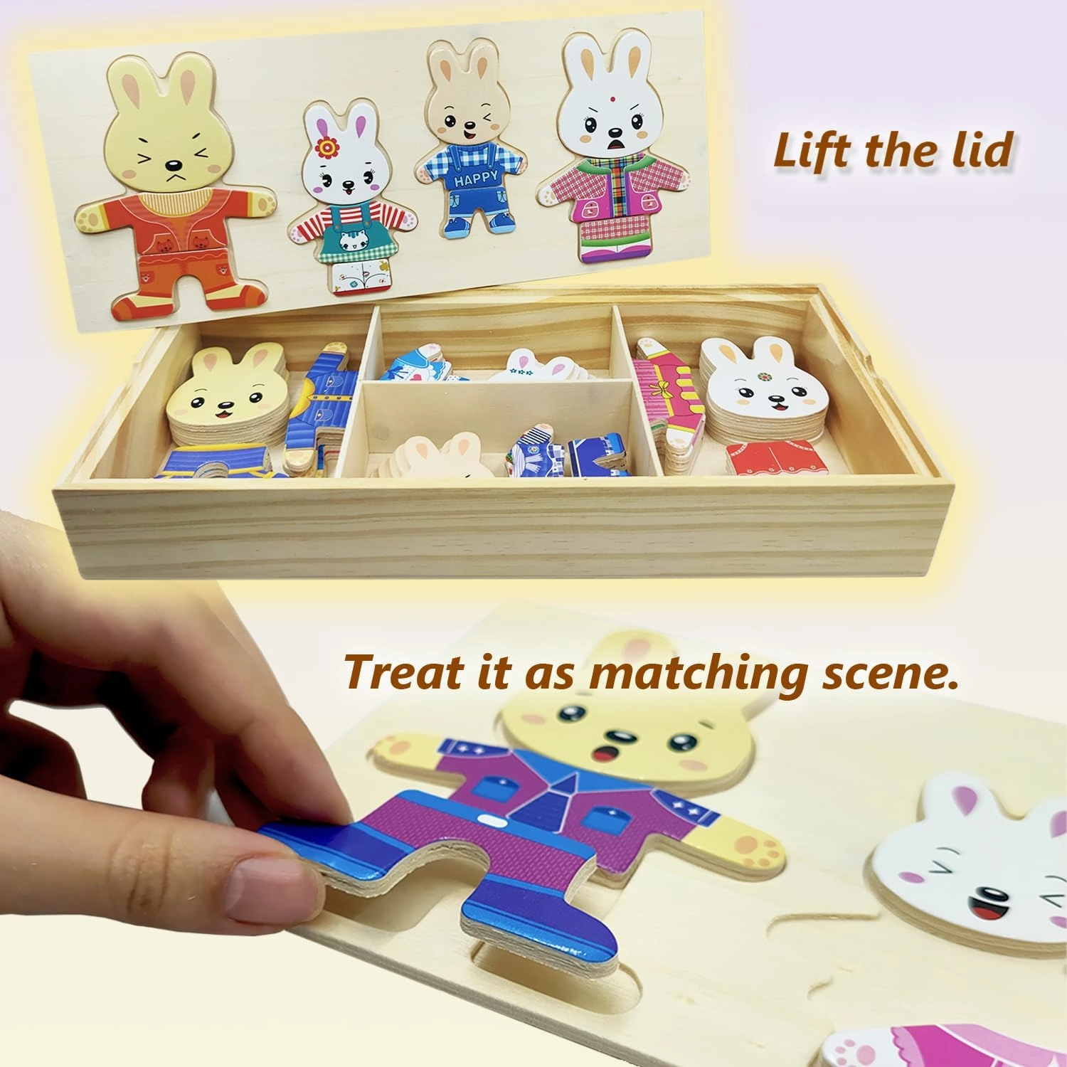 Wooden Bunny Family Dress-up Puzzle Box for Toddlers(72pcs),Change Clothes Puzzle Games, Preschool Learning Activities Toys for Kids Ages 3 