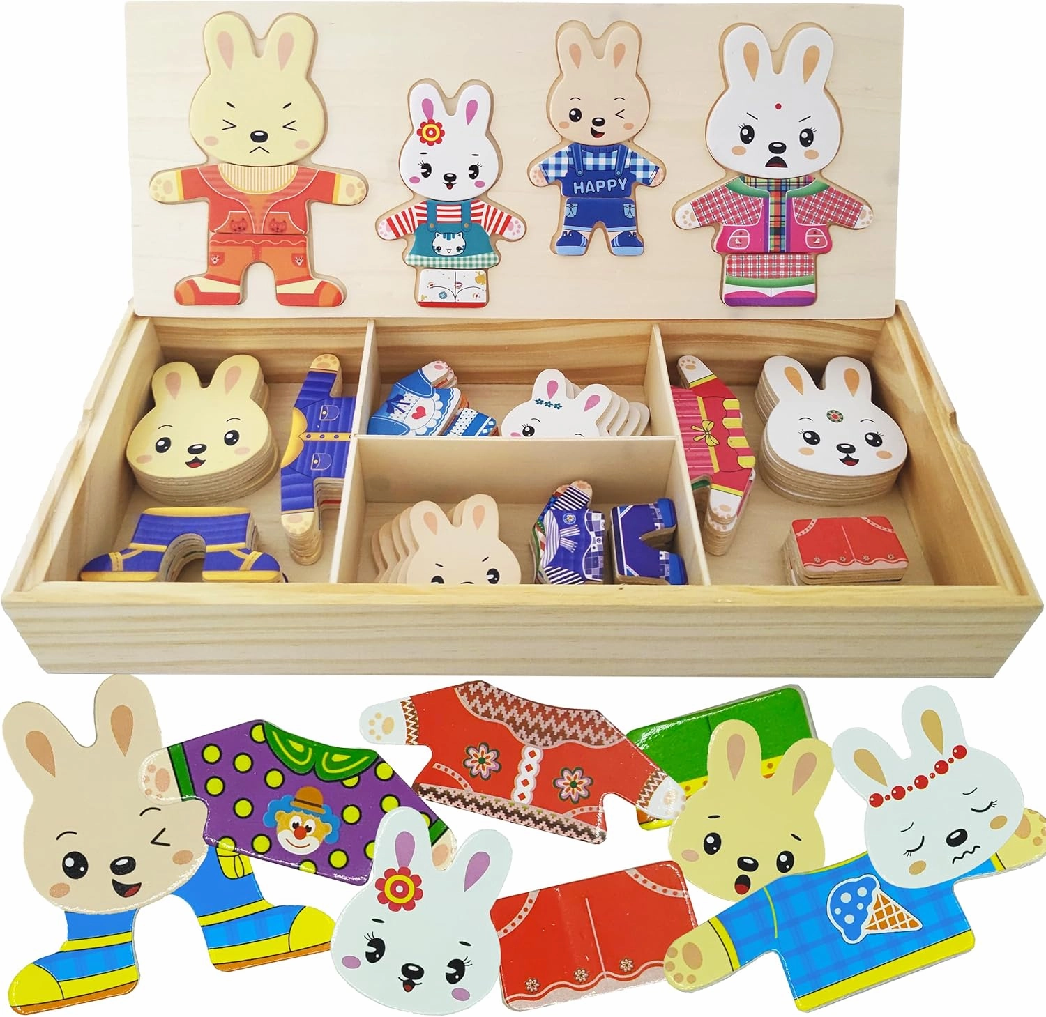 Wooden Bunny Family Dress-up Puzzle Box for Toddlers(72pcs),Change Clothes Puzzle Games, Preschool Learning Activities Toys for Kids Ages 3 