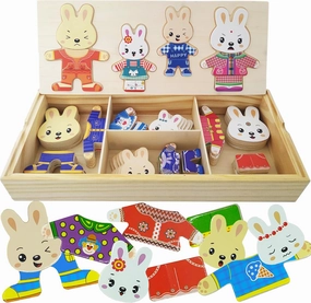 Wooden Bunny Family Dress-up Puzzle Box for Toddlers(72pcs),Change Clothes Puzzle Games, Preschool Learning Activities Toys for Kids Ages 3 