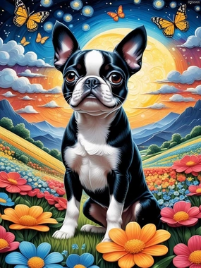 Wooden Puzzle - Boston Terrier Jigsaw Puzzle for Adults - Grassland Flowers Challenging Educational Game Fun Family Activities Farmhouse Puzzle Floor Props Kid Gift Unzip Toy Wooden Puzzles 500 Piece