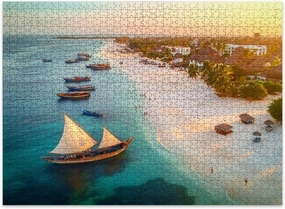 Wooden Puzzles Fishing Boats Tropical sea Coast Sandy Beach Sunset Summer Game Pieces for Whole Family to use time Home Wall Art or Perfectly Gifts 1000 PCS