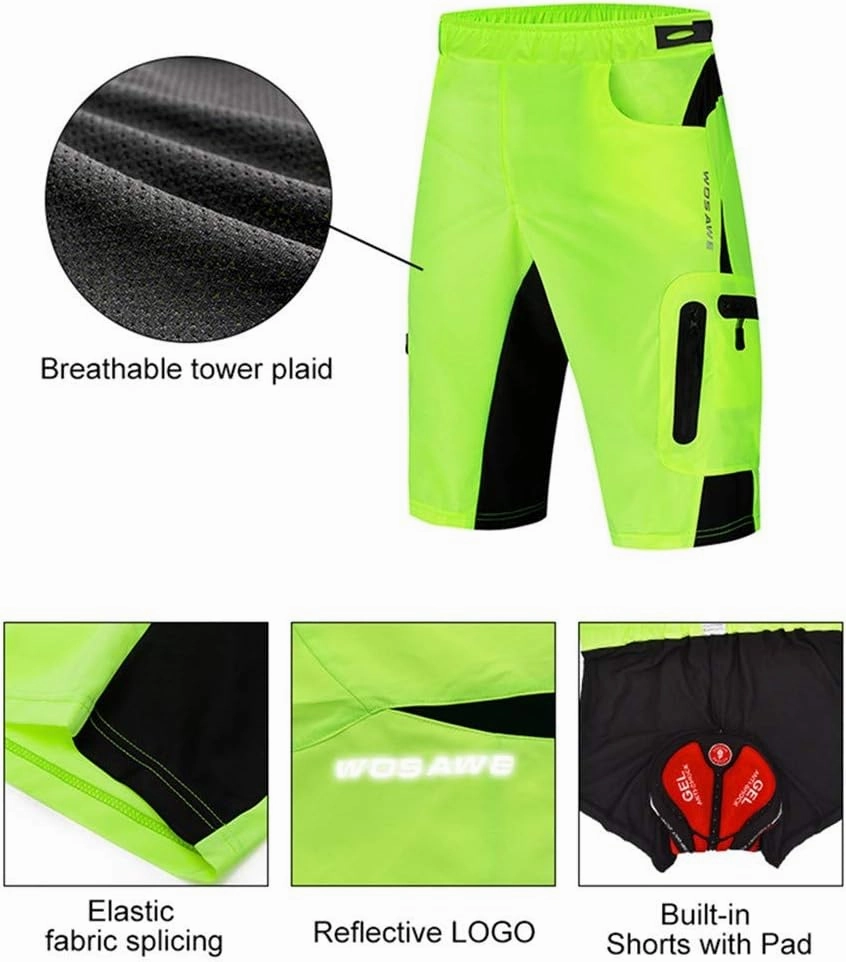 WOSAWE Mens Padded Cycling Shorts Loose-Fit Breathable Mountain Bike 2 in 1 Shorts