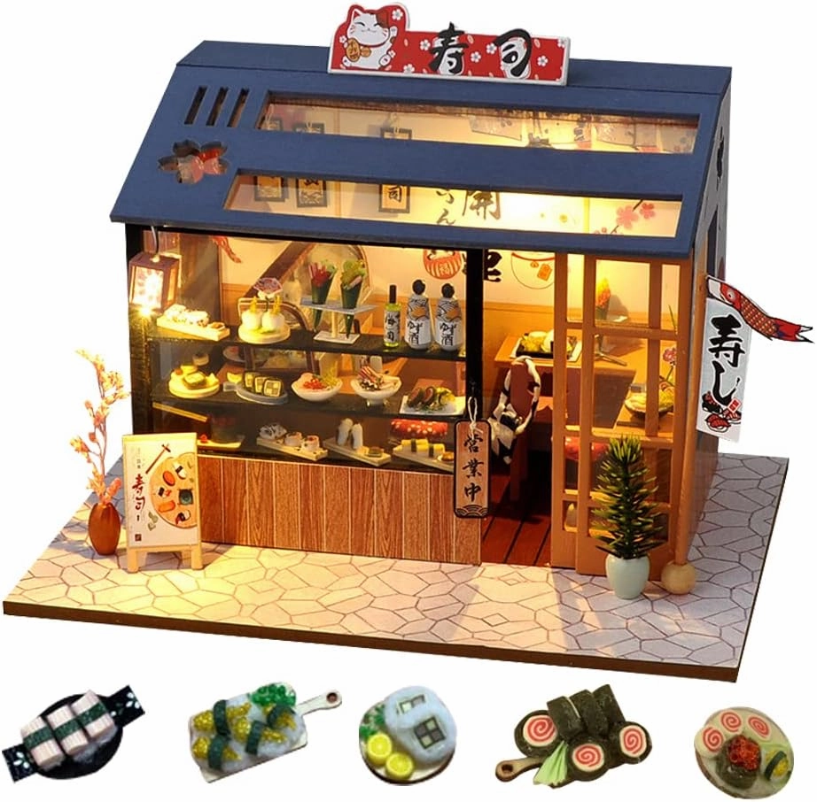 WYD Food and Play Shop Series Dollhouse Kit,Assembled Toy Houses with Funiture Model Kits for Sushi Shop/Ice Cream Shops/Dessert Shop 3D Creative Birthday New Year DIY Gift Present (Sushi Shop)