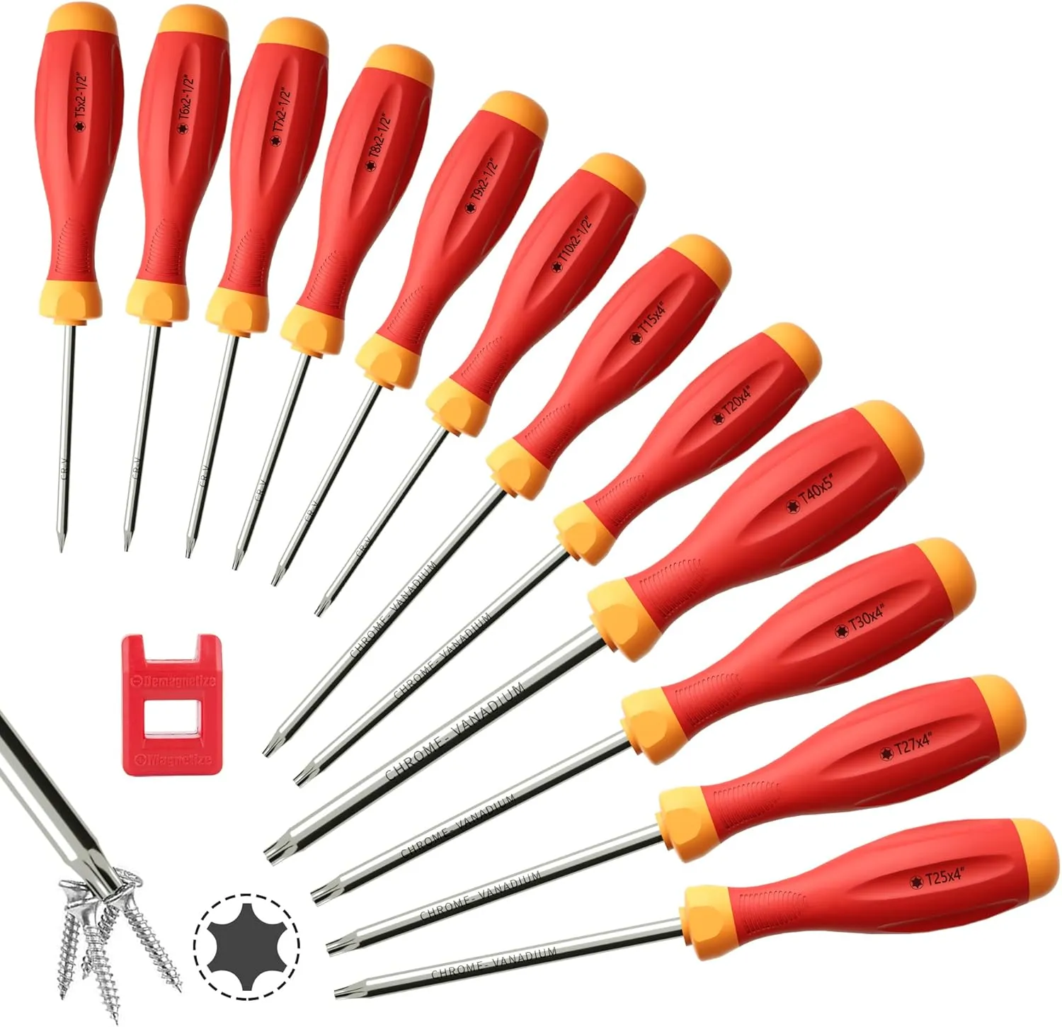 XOOL Magnetic Torx Screwdriver Set, 12-in-1 with T5 T6 T7 T8 T9 T10 T15 T20 T25 T27 T30 T40, Star Srewdriver Set for Repair, DIY, and Maintenance, Ergonomic Handle, CRV Steel, Corrosion Resistant