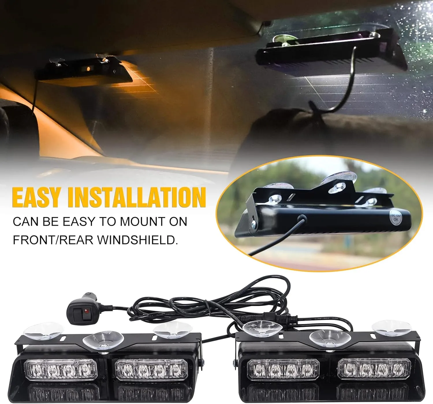 XRIDONSEN 2 in 1 Emergency Dash Strobe Lights Interior Windshield Lights Amber White Warning Hazard Safety Flashing w/Suction Cups for Construction Vehicles, Trucks Car (2×7.16 inch, 16 LED)