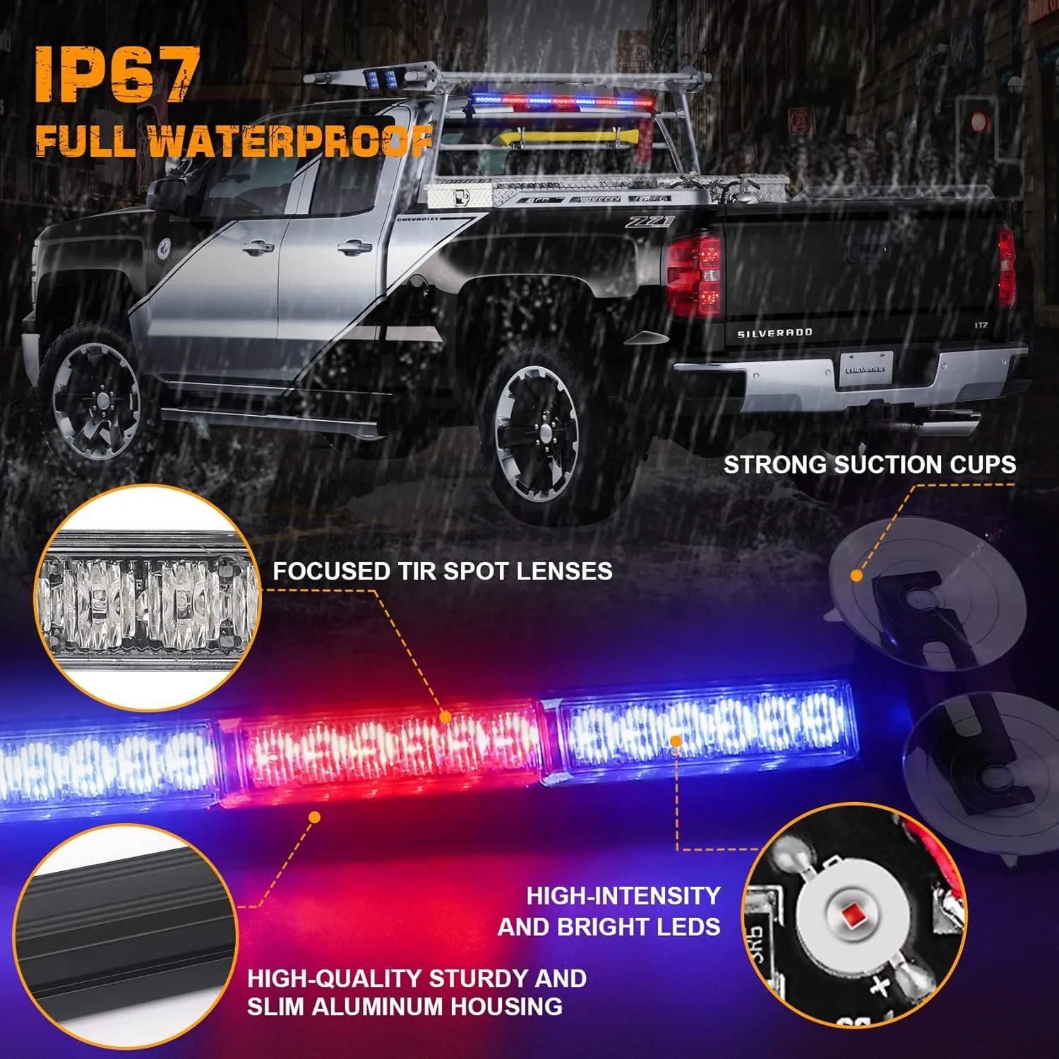 XRIDONSEN 35 inch Traffic Advisor Red Blue Police Lights 48 LED Emergency Strobe Light Bar Safety Hazard Warning Lights Front/Rear Window w/Display Controller for Law Enforcement Vehicles Trucks Car