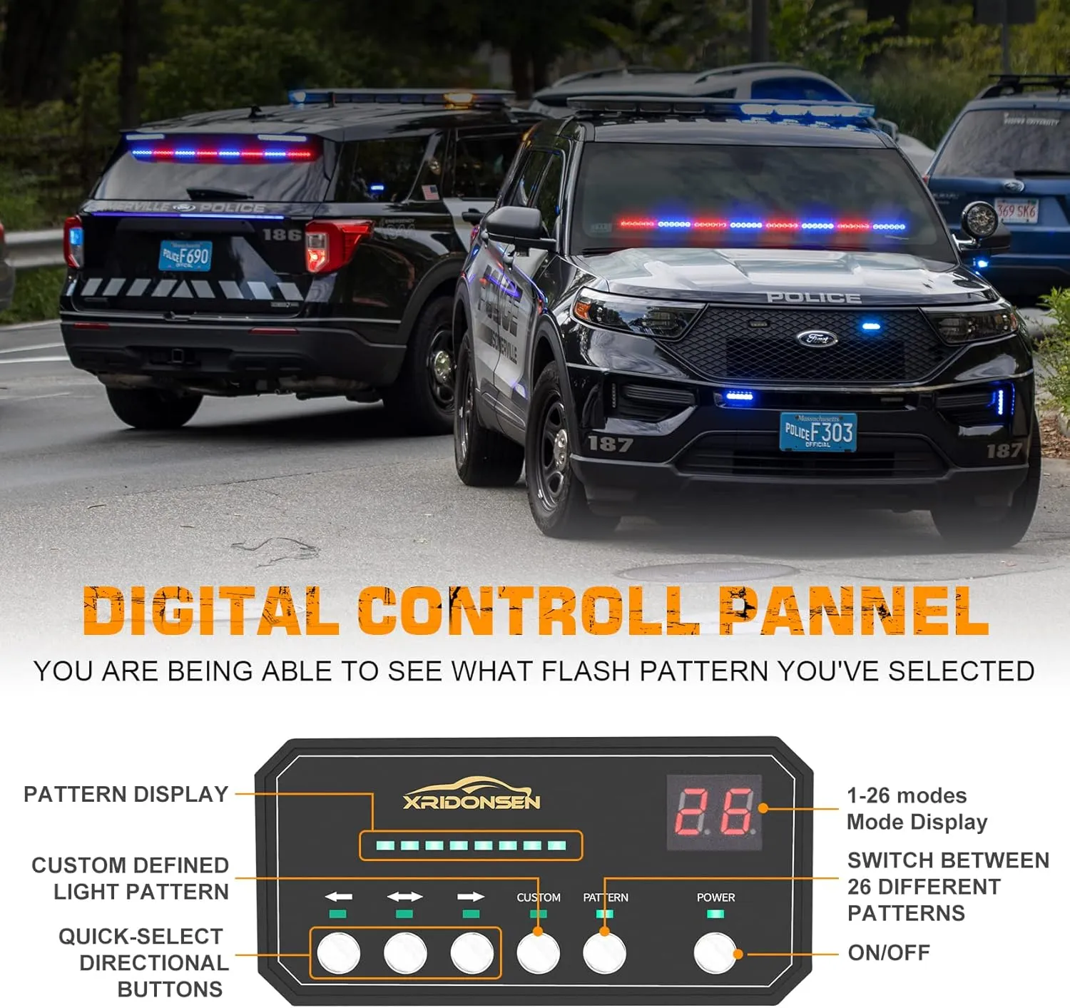 XRIDONSEN 35 inch Traffic Advisor Red Blue Police Lights 48 LED Emergency Strobe Light Bar Safety Hazard Warning Lights Front/Rear Window w/Display Controller for Law Enforcement Vehicles Trucks Car
