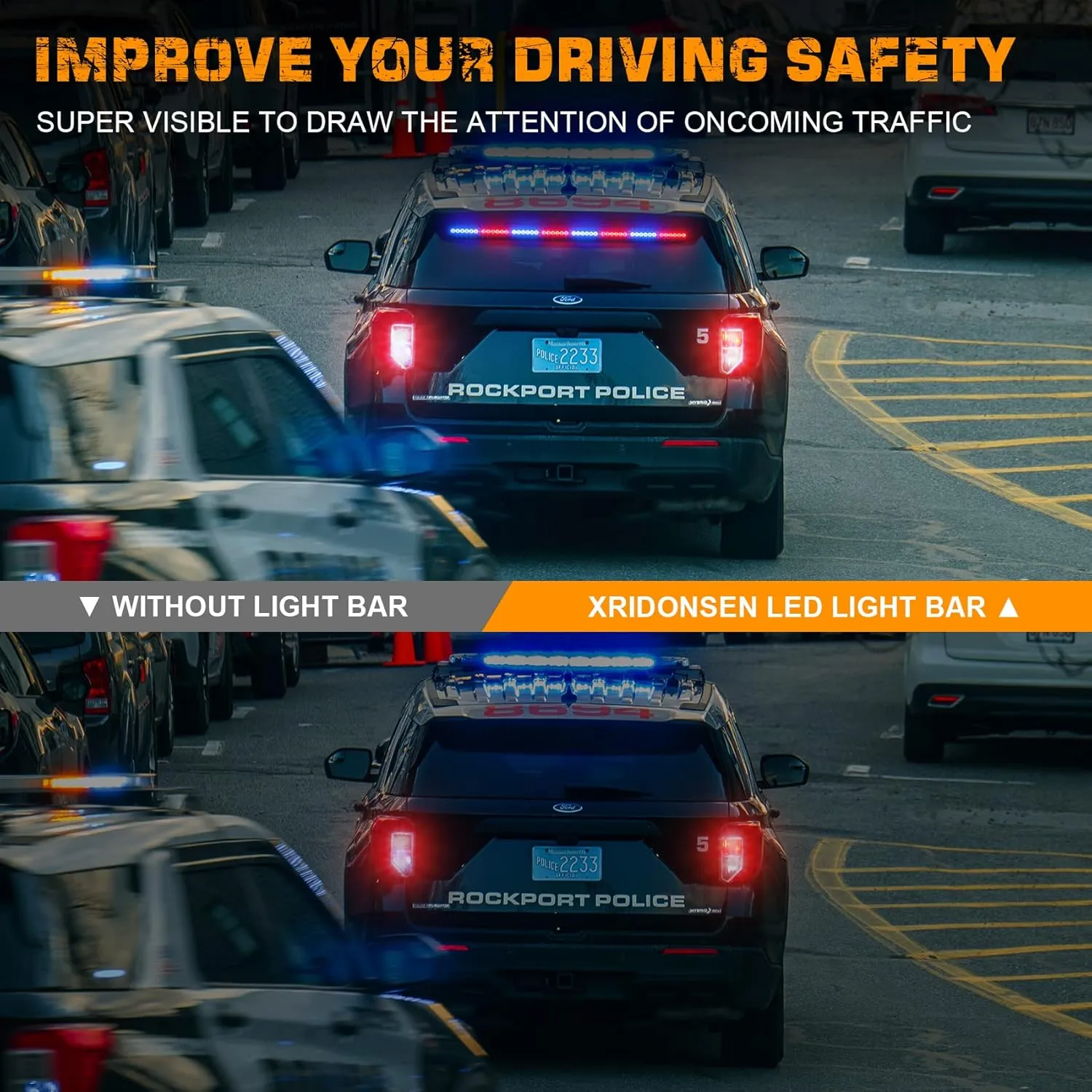 XRIDONSEN 35 inch Traffic Advisor Red Blue Police Lights 48 LED Emergency Strobe Light Bar Safety Hazard Warning Lights Front/Rear Window w/Display Controller for Law Enforcement Vehicles Trucks Car