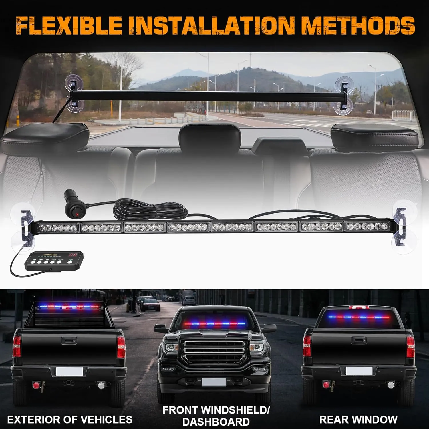 XRIDONSEN 35 inch Traffic Advisor Red Blue Police Lights 48 LED Emergency Strobe Light Bar Safety Hazard Warning Lights Front/Rear Window w/Display Controller for Law Enforcement Vehicles Trucks Car