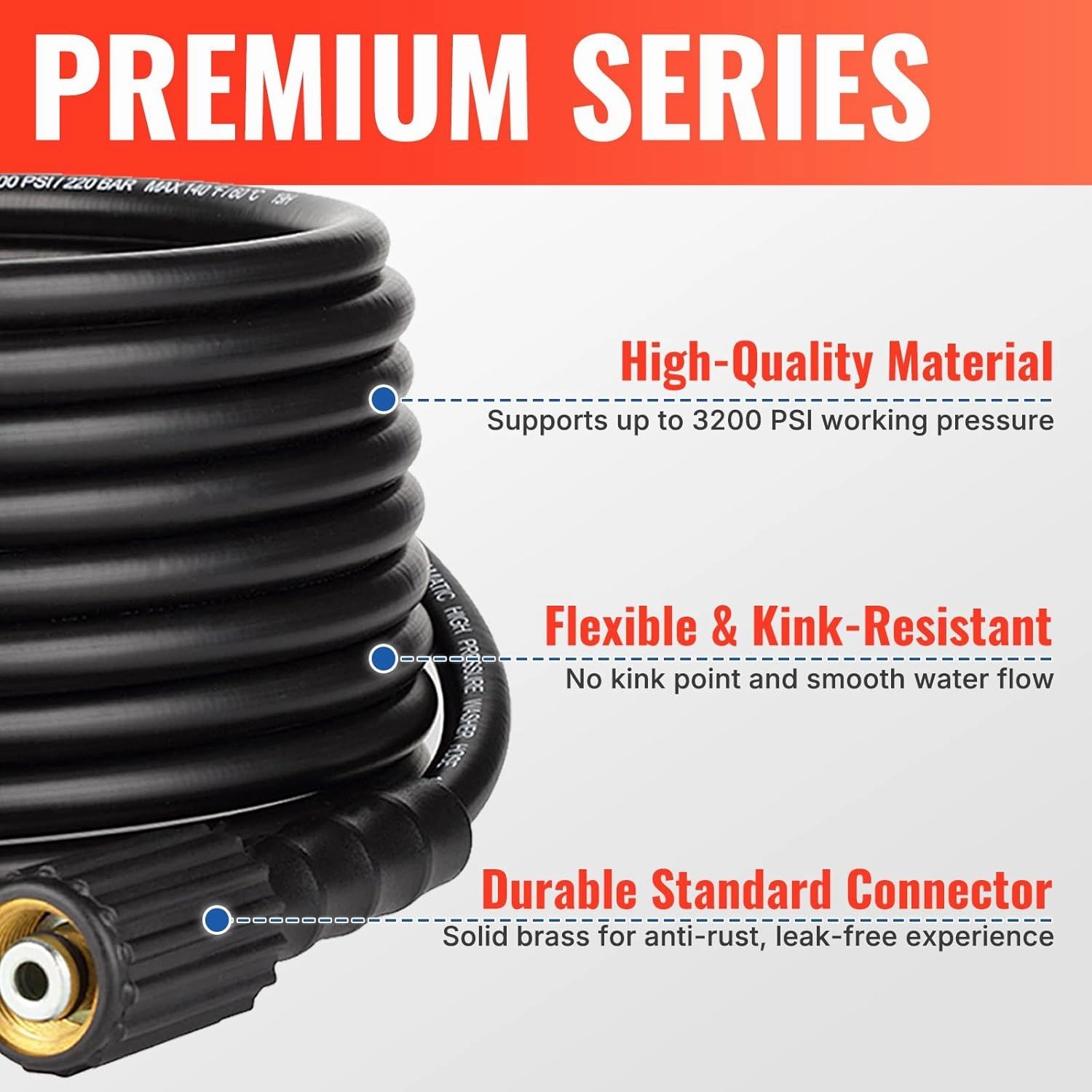 YAMATIC Kink Resistant Pressure Washer Hose 50FT 1/4" M22 Brass Fitting Power Washer Hose Replacement for Ryobi, Troy Bilt, Greenworks, CRAFTSMAN Most Brand Power Washer, 3200 PSI