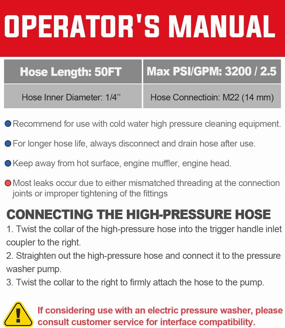 YAMATIC Kink Resistant Pressure Washer Hose 50FT 1/4" M22 Brass Fitting Power Washer Hose Replacement for Ryobi, Troy Bilt, Greenworks, CRAFTSMAN Most Brand Power Washer, 3200 PSI