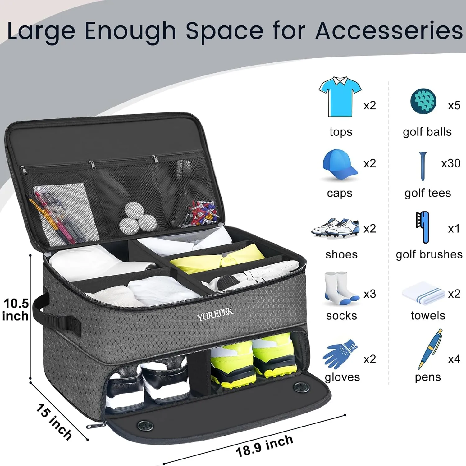 YOREPEK 2 Layer Golf Trunk Organizer, Golf Gifts for Men with Separate Ventilated Compartment for 2 Pair Shoes, Waterproof Car Trunk Locker for Balls, Tees, Clothes, Gloves, Accessories, Golfer Gifts