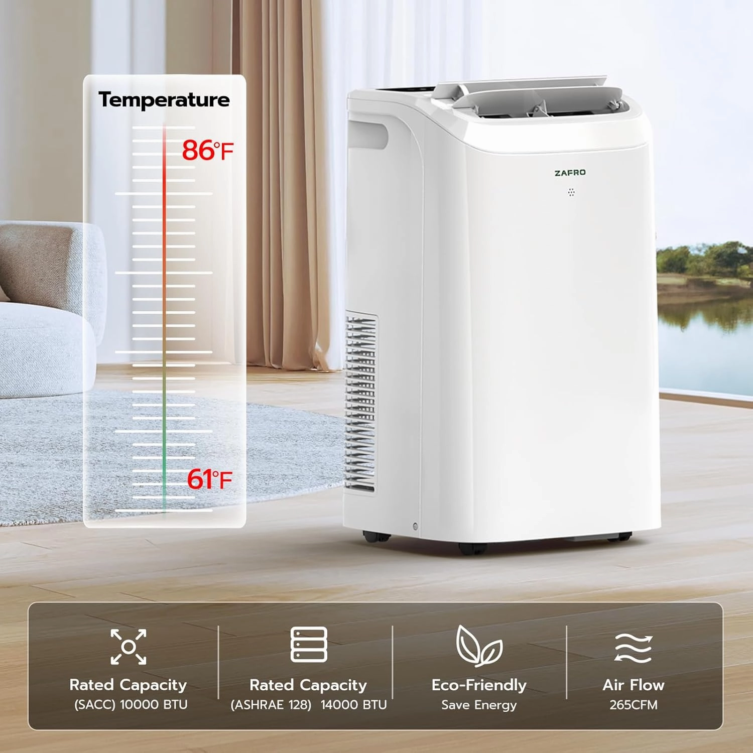 ZAFRO 14,000 BTU (10000 BTU SACC) Portable Air Conditioners with WiFi APP Control, 46dB, R32 Eco-Friendly,Fast Cooling in 30s, No Drainage Needed, Filter Cleaning Reminder, 360° Wheels for Home/Office