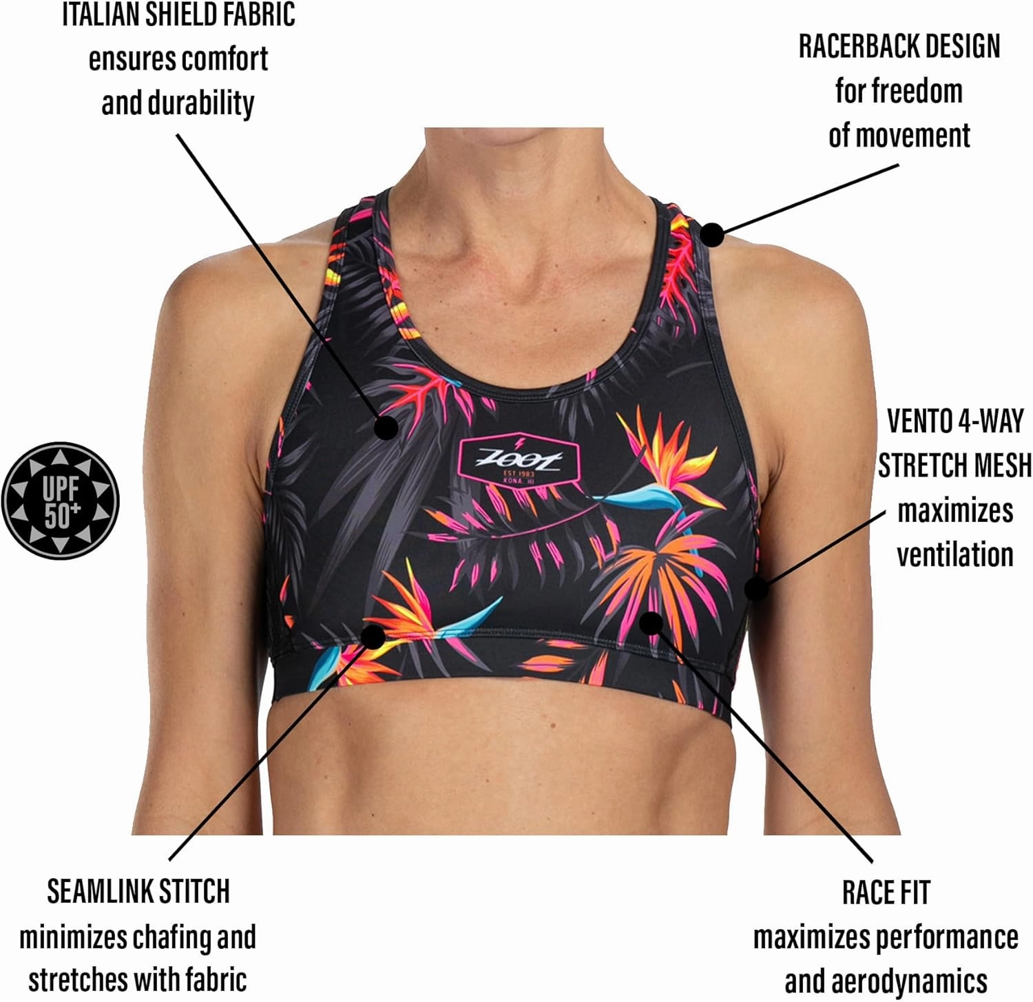 Zoot Women’s LTD Triathlon Sports Bra, Racerback High Performance Tri Sports Bra for Swim, Bike, Run & UPF 50  Fabric