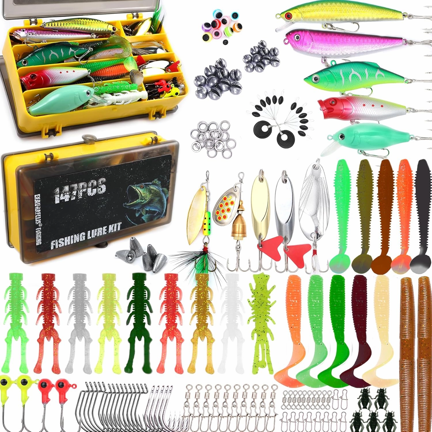 𝗘𝗫𝗔𝗨𝗥𝗔𝗙𝗘𝗟𝗜𝗦 Fishing Gear Fishing Lures Kit 147Pcs Tackle Box Minnow Crankbait Spinnerbaits VIB Jigs Hooks Paddle swimbaits Spoon Jigs, Weights Accessories Bass Lure Fishing Bait Gifts